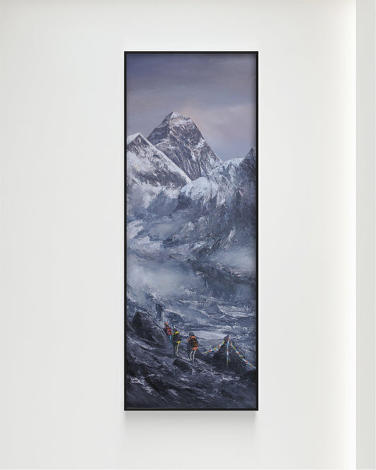 Mt. Everest, Himalayan Yaks, Trekkers in Everest, Everest Base Camp, Mount Everest, Trekkers, Black and White Landscape, Oil Painting, Trekking in Nepal, Nepalese Mountains