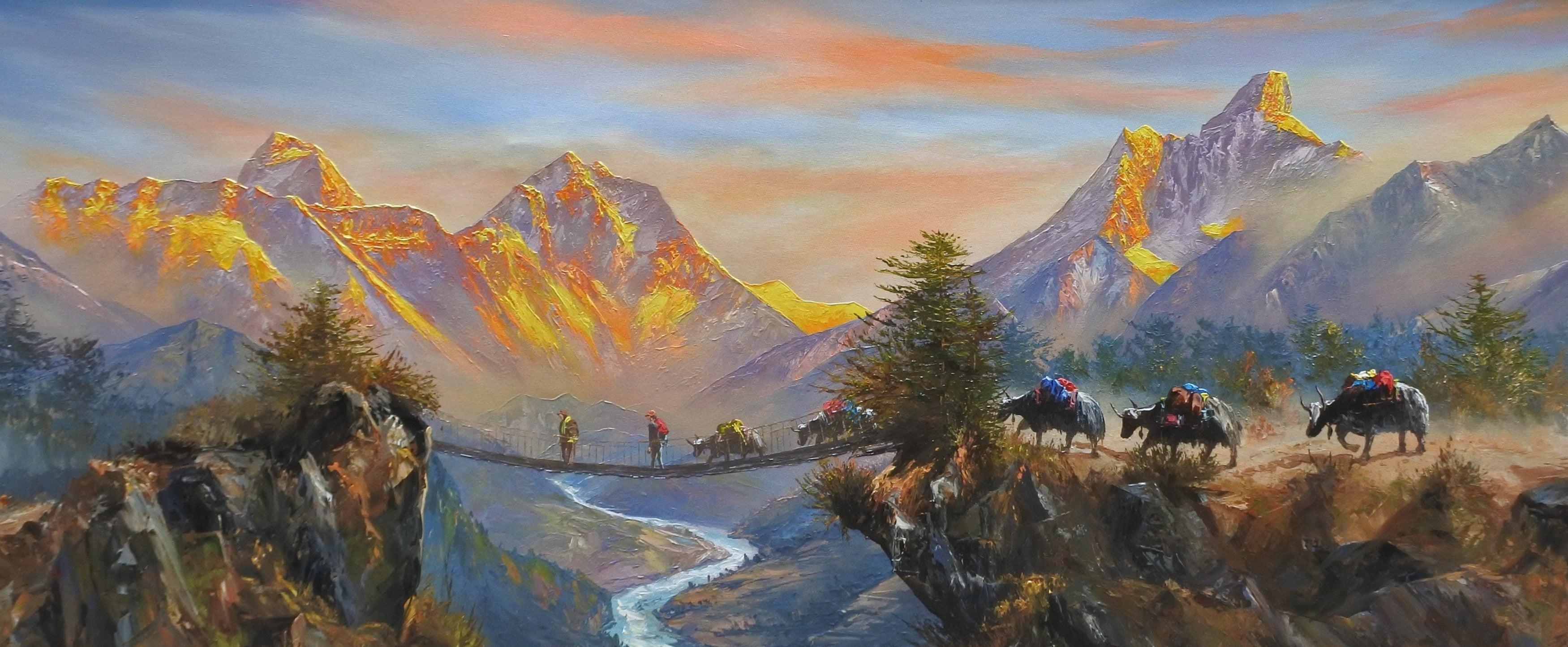 Everest, Solokhumbu, Nepal, Trekking in Nepal, Nepalese Paintings, Incredible Paintings, Ama Dablam, Yaks, Himalayan Animals, Sunset View Paintings, Home Decor