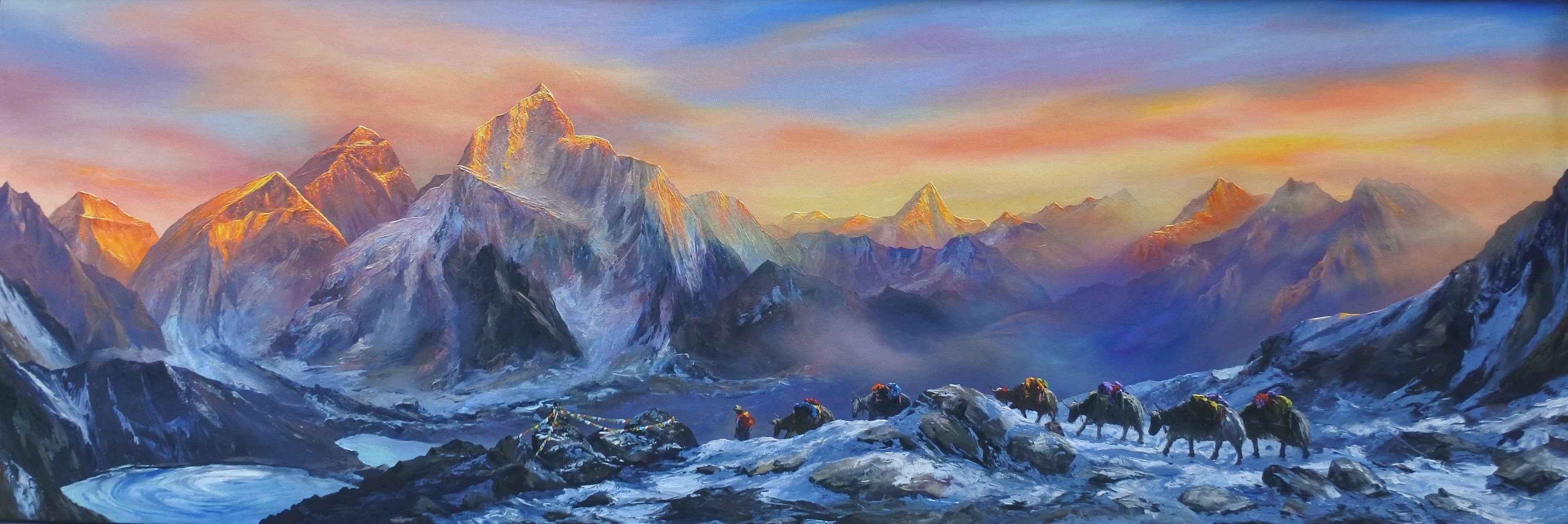 Experience the most astonishing view of the world’s tallest mountains including Mount Everest, Mount Nuptse, Mount Changtse, Mount Lhotse, and Mount Ama Dablam among others. A true statement piece by our Senior Artist Tika.
